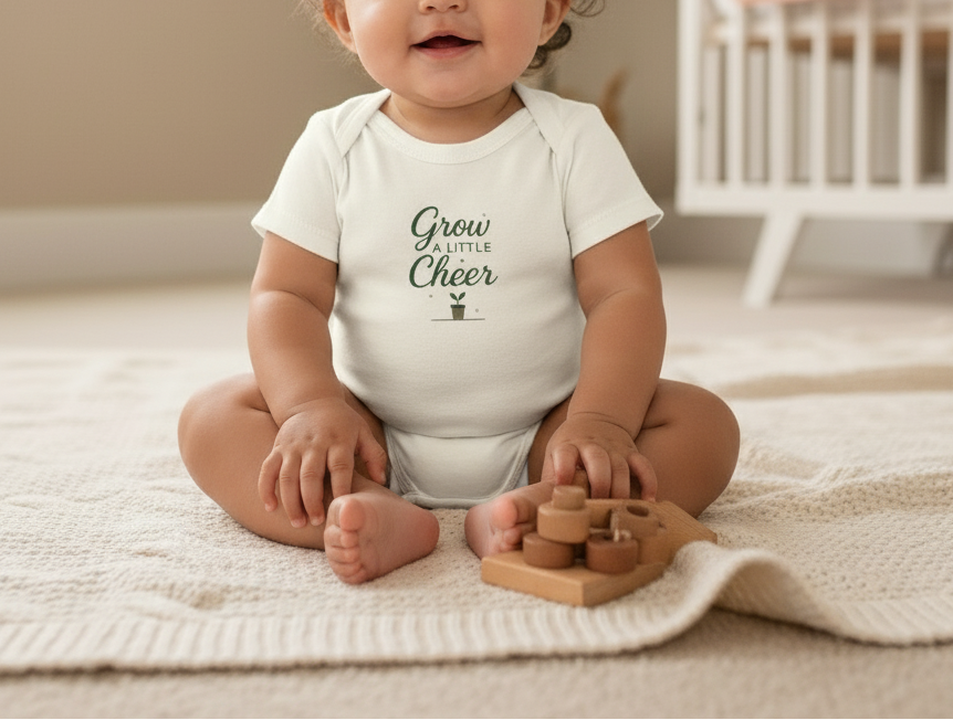White baby onesie with text on a beige background