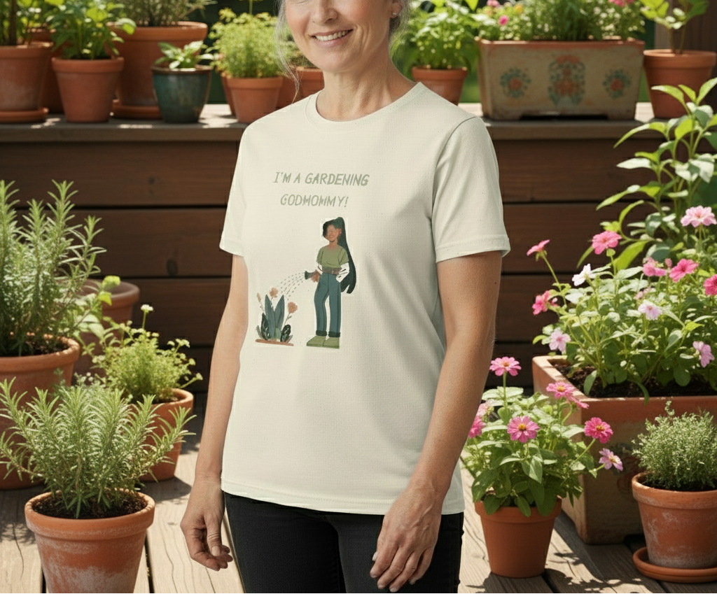 Person wearing a t-shirt with a gardening graphic in a garden setting