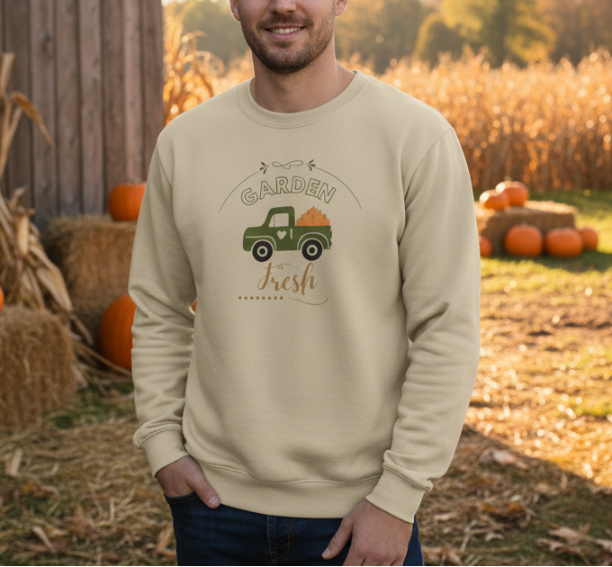 Man wearing a beige sweatshirt with a truck and pumpkin design, standing in a field with pumpkins and hay bales.