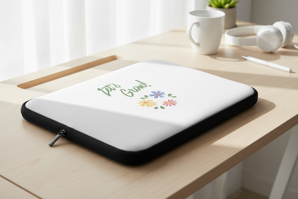 Laptop sleeve with 'Let's Grow!' text and flowers on a desk with a mug and headphones.