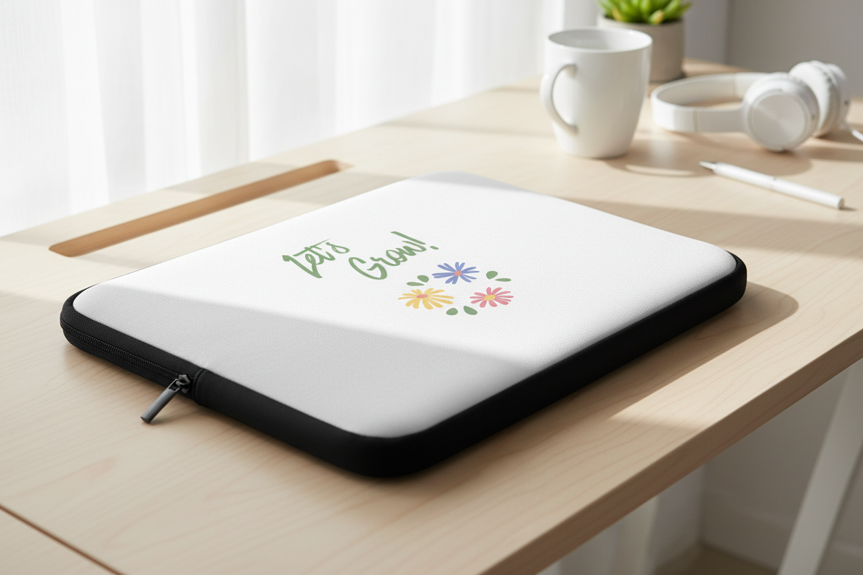 Laptop sleeve with 'Let's Grow!' text and flowers on a desk with a mug and headphones.