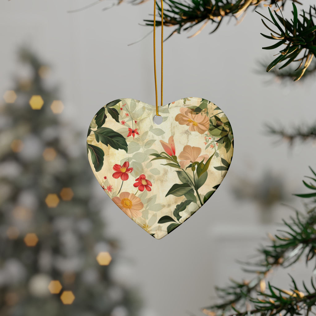 Heart-shaped floral ornament hanging on a branch with a blurred festive background