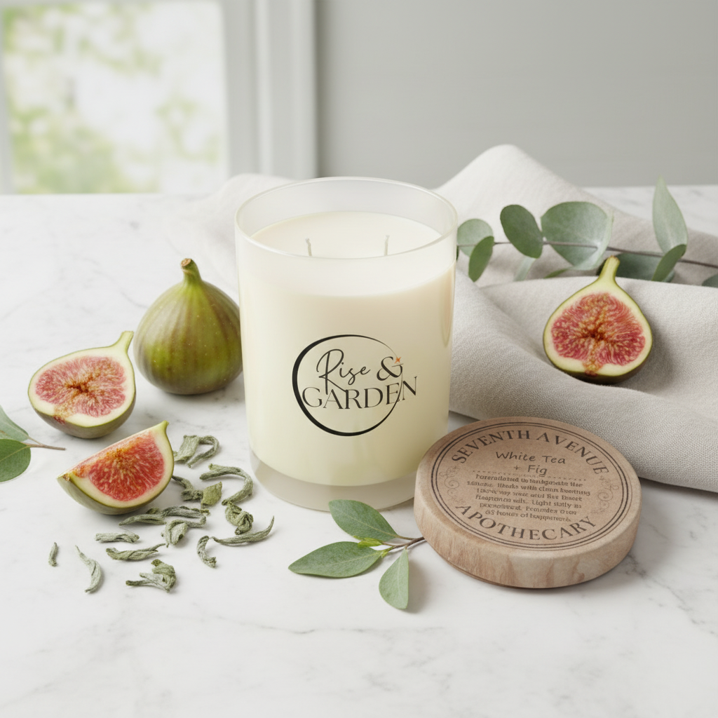 Candle with 'Rise & Garden' branding on a surface with figs and leaves.