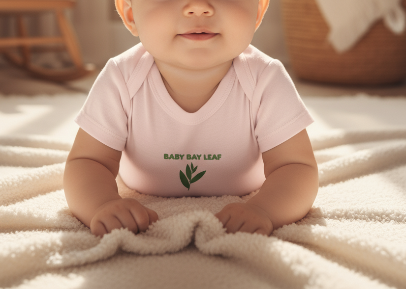 Baby wearing a pink onesie with 'Baby Bay Leaf' text and leaf graphic on a soft surface.