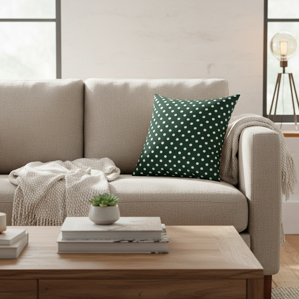 Beige sofa with a green polka dot pillow and beige blanket in a living room setting.