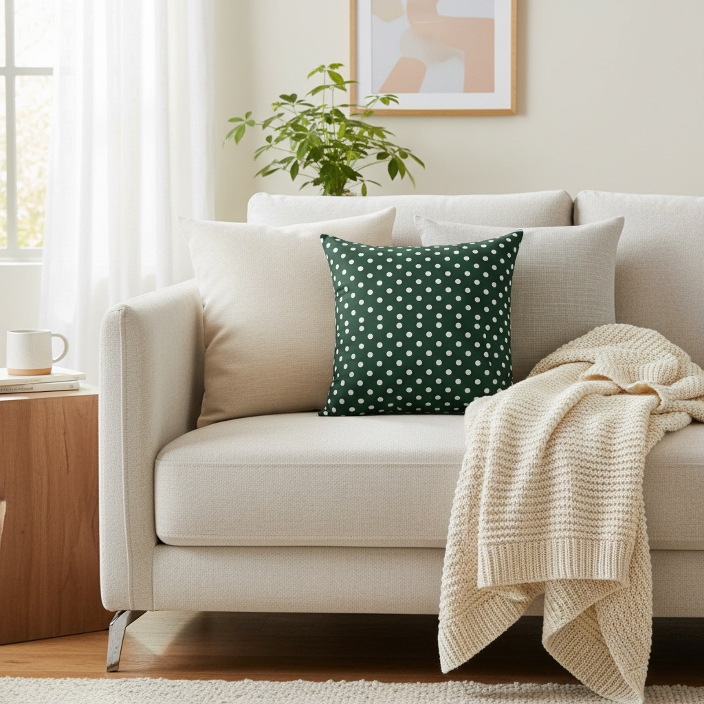 Beige sofa with a green polka dot pillow and beige blanket in a living room setting.