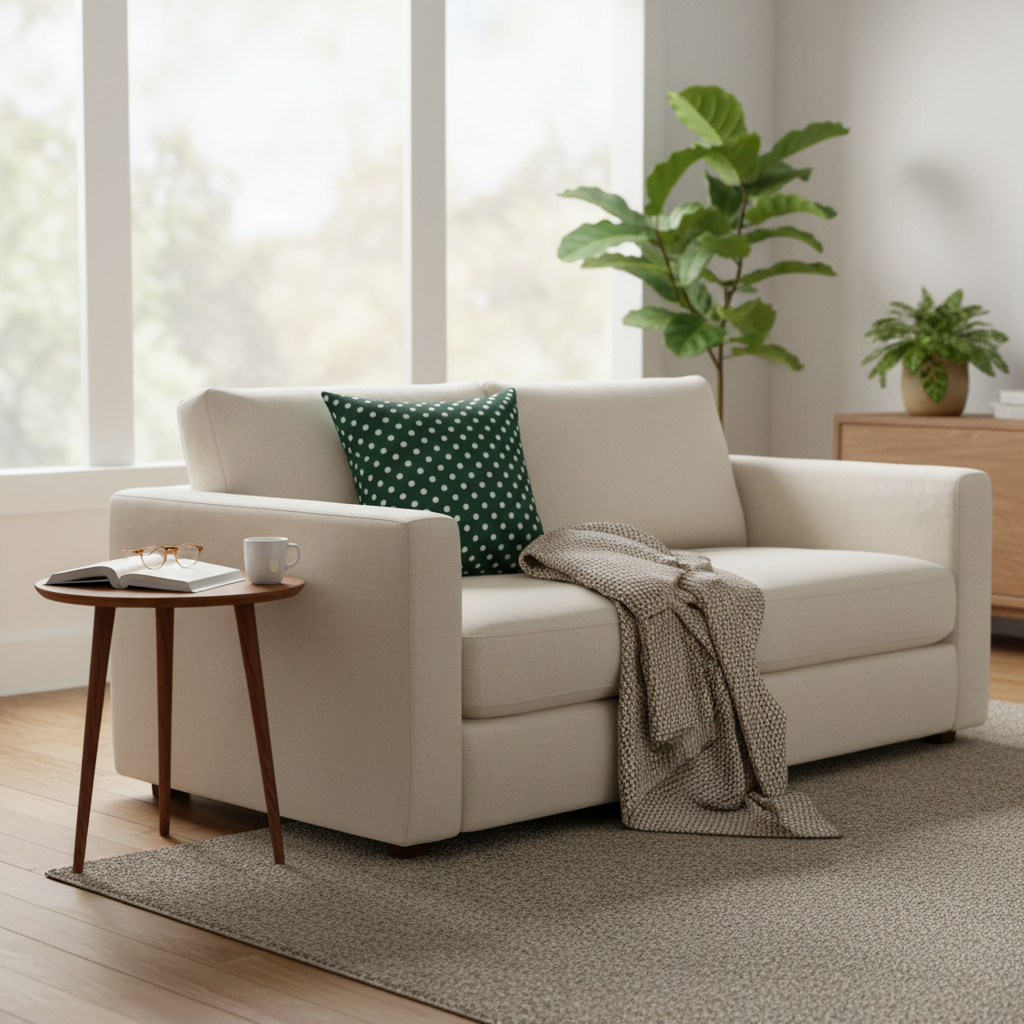 Beige sofa with a green pillow and blanket in a bright living room.