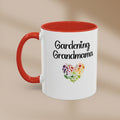 Mug with 'Gardening Grandmama' text and heart-shaped floral design on a beige background