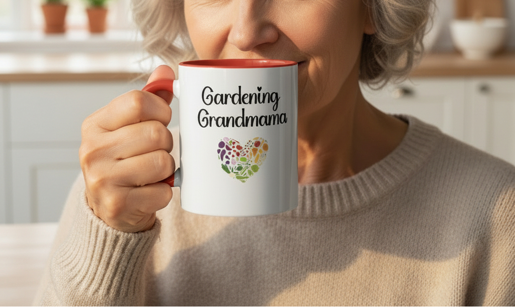 Person holding a mug with 'Gardening Grandma' text and floral design in a kitchen setting