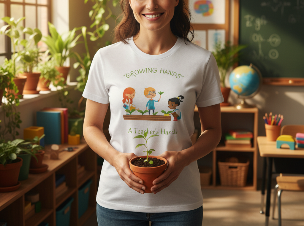 Person wearing a t-shirt with a graphic of children and plants, holding a potted plant in a classroom setting.
