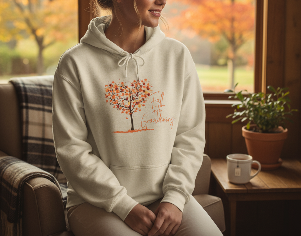 Person wearing a hoodie with a tree design and text, sitting in a cozy room with autumn decor.