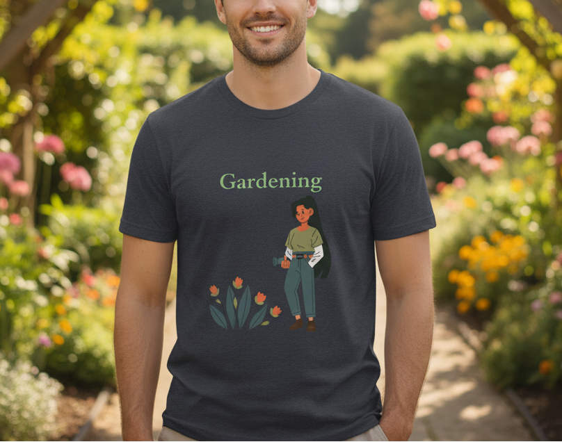 Man wearing a navy blue t-shirt with a gardening graphic in a garden setting