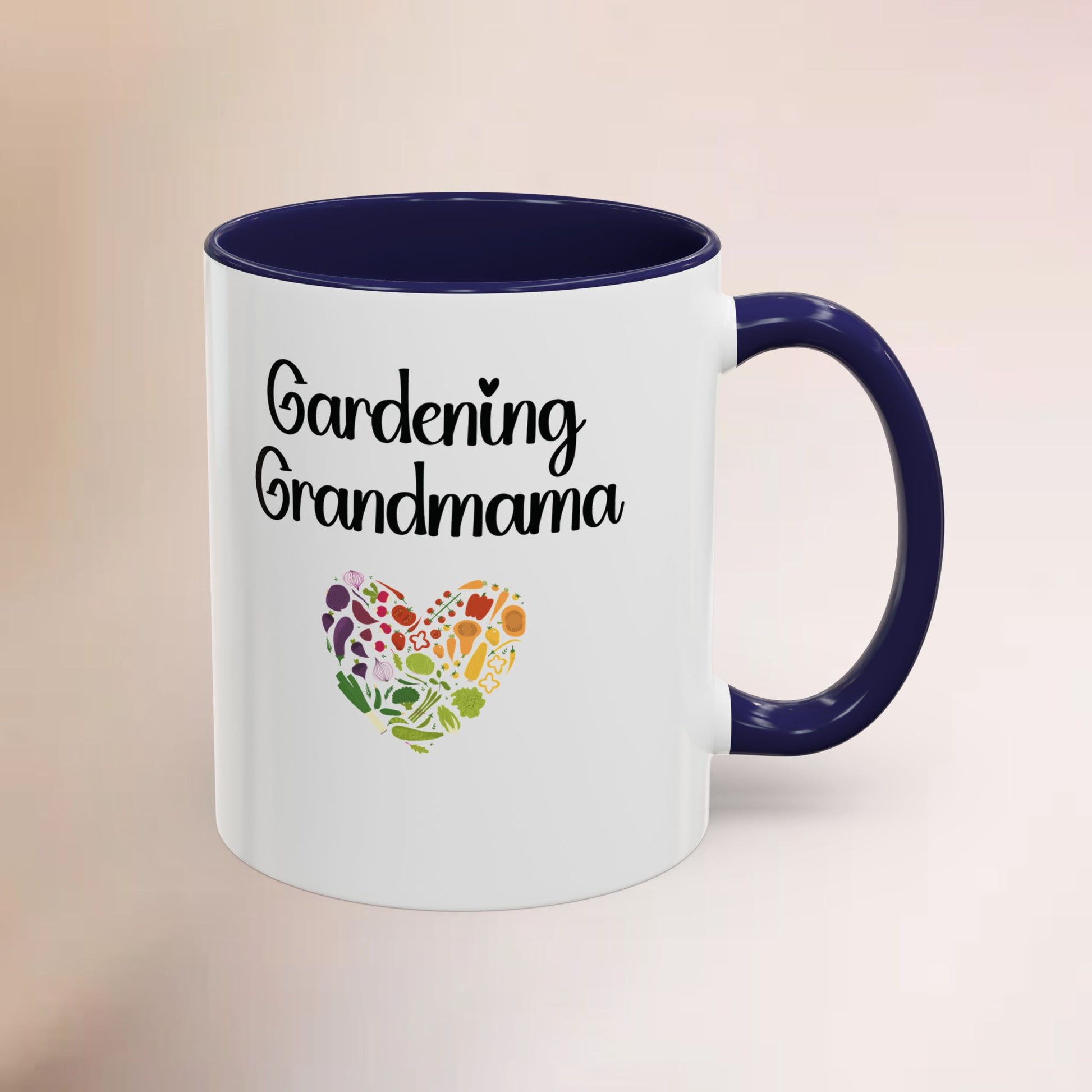 White mug with purple interior and handle featuring 'Gardening Grandmama' text and colorful heart design.