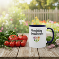 Mug with 'Gardening Grandma' text on a wooden table with vegetables and flowers in the background