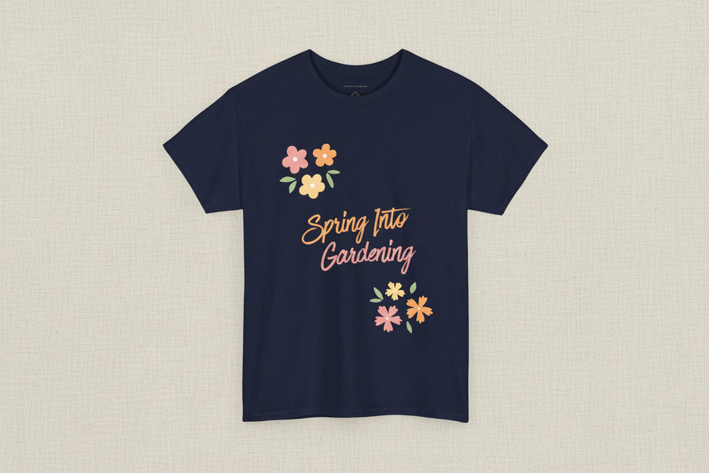 Black t-shirt with 'Spring Into Gardening' text and floral designs on a white background