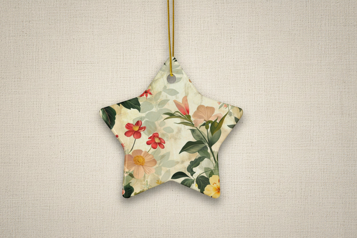 Star-shaped ornament with floral design on a white background