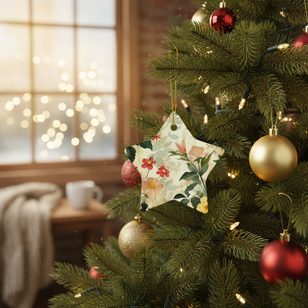 Decorated Christmas tree with floral star ornament and colorful baubles, blurred background