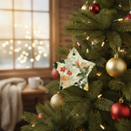 Decorated Christmas tree with floral star ornament and colorful baubles, blurred background