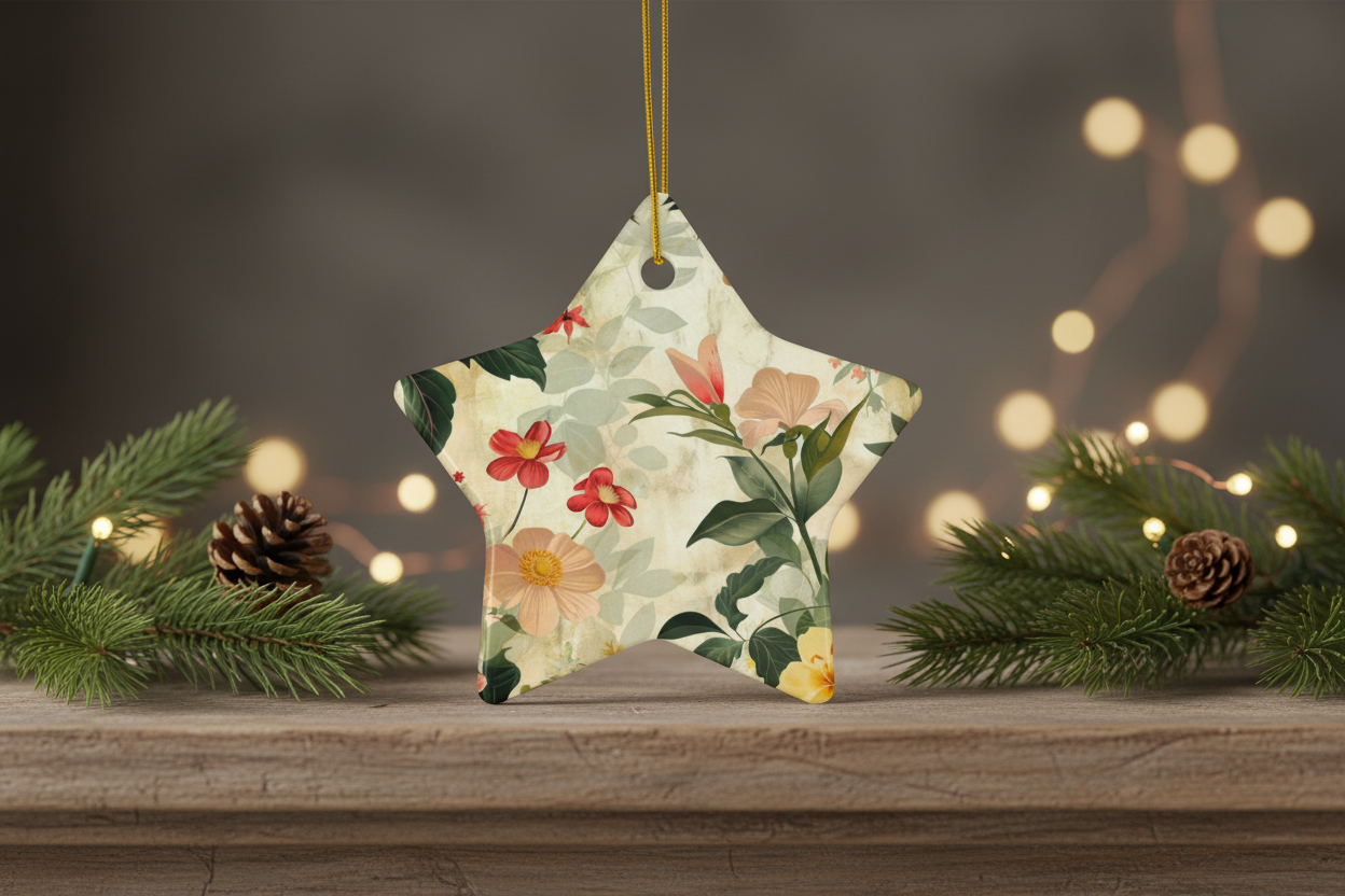 Decorative star ornament with floral pattern hanging on a wooden surface with pine branches and lights.