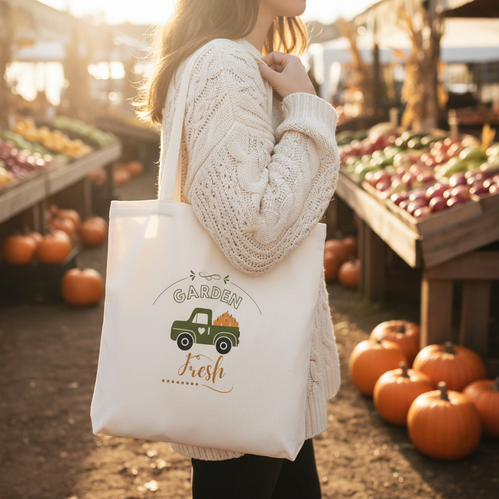 White tote bag with 'Garden Fresh' design held by a hand against a beige wall with a plant.