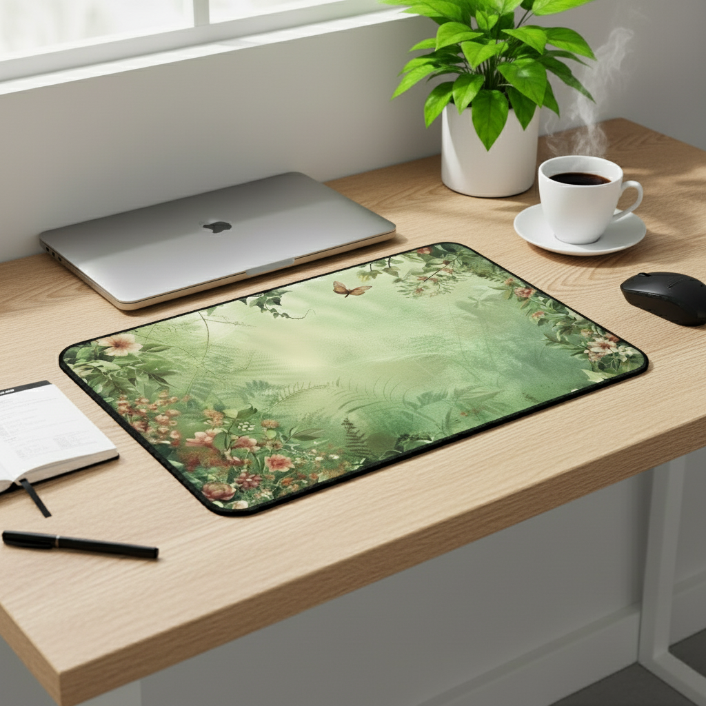 Desk setup with a laptop, mouse, and floral mouse pad.