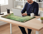 Person using a laptop on a floral desk pad at a desk with a cup and notebook.