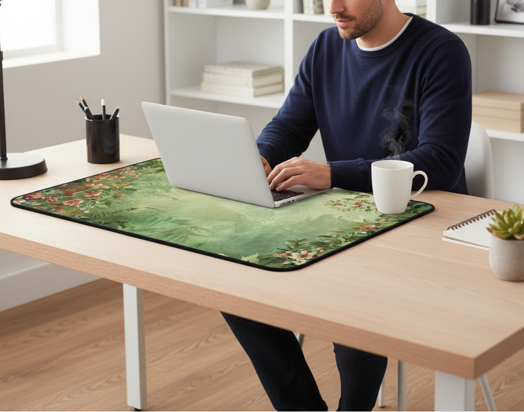 Person using a laptop on a floral desk pad at a desk with a cup and notebook.
