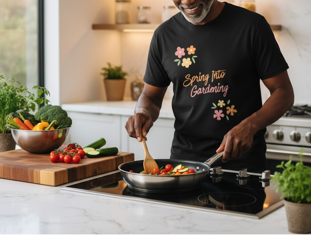 Man cooking in a kitchen wearing a black t-shirt with 'Spring into Gardening' text and floral designs.