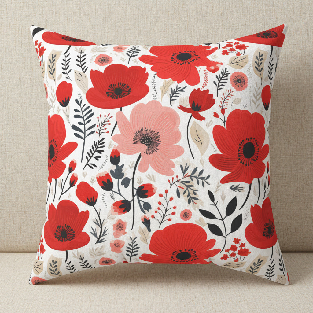 Floral patterned pillow with red and pink flowers on a white background
