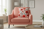 Pink armchair with a floral pillow in a bright living room