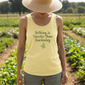 Yellow tank top with 'Nothing is Sweeter than Gardening' text on a beige background