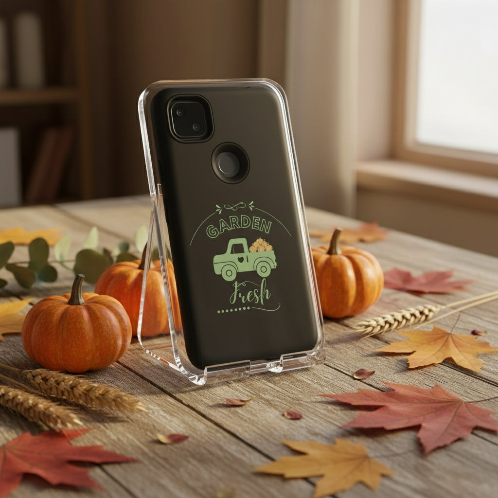 Black phone case with a green truck and 'Garden Fresh' text on a white background