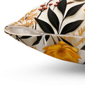 Floral and leaf patterned pouch with a zipper on a white background