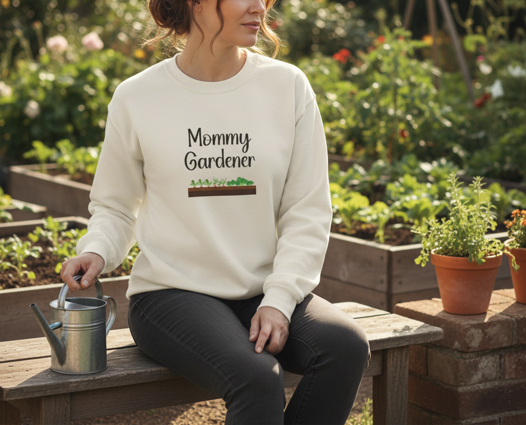 Woman wearing a 'Mommy Gardener' sweatshirt in a garden setting.