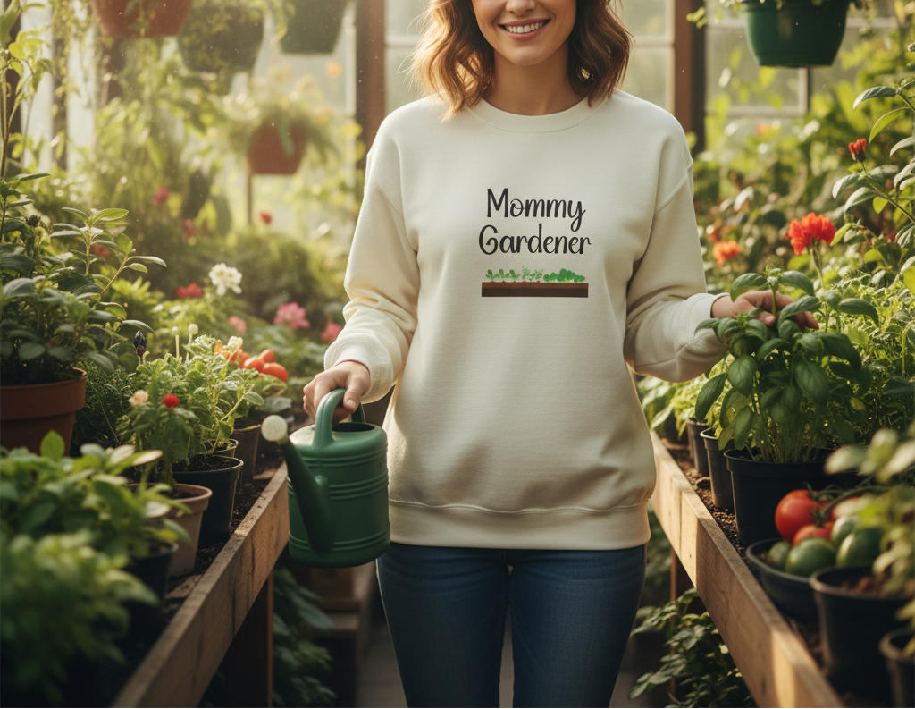 Person wearing a 'Mommy Gardener' sweatshirt in a greenhouse filled with plants.