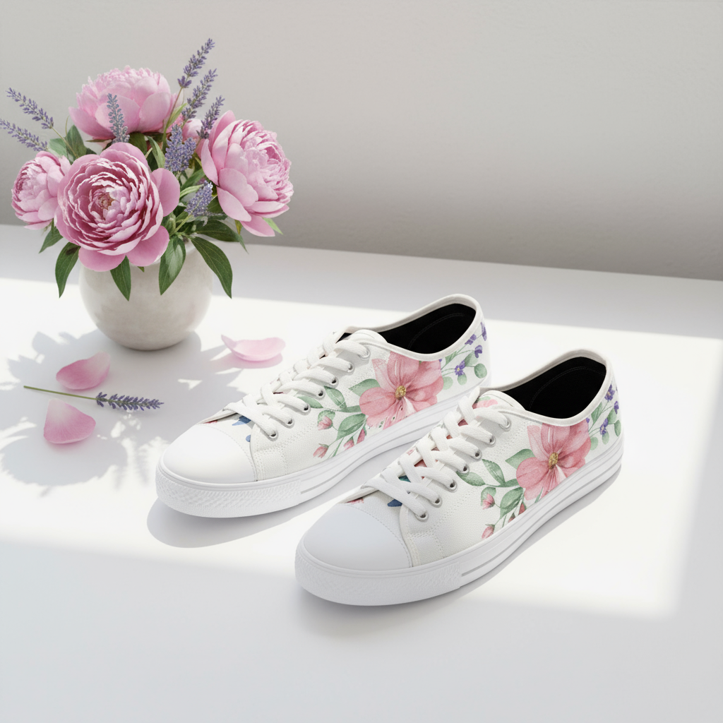 White sneakers with floral design on a white surface with pink flowers in the background
