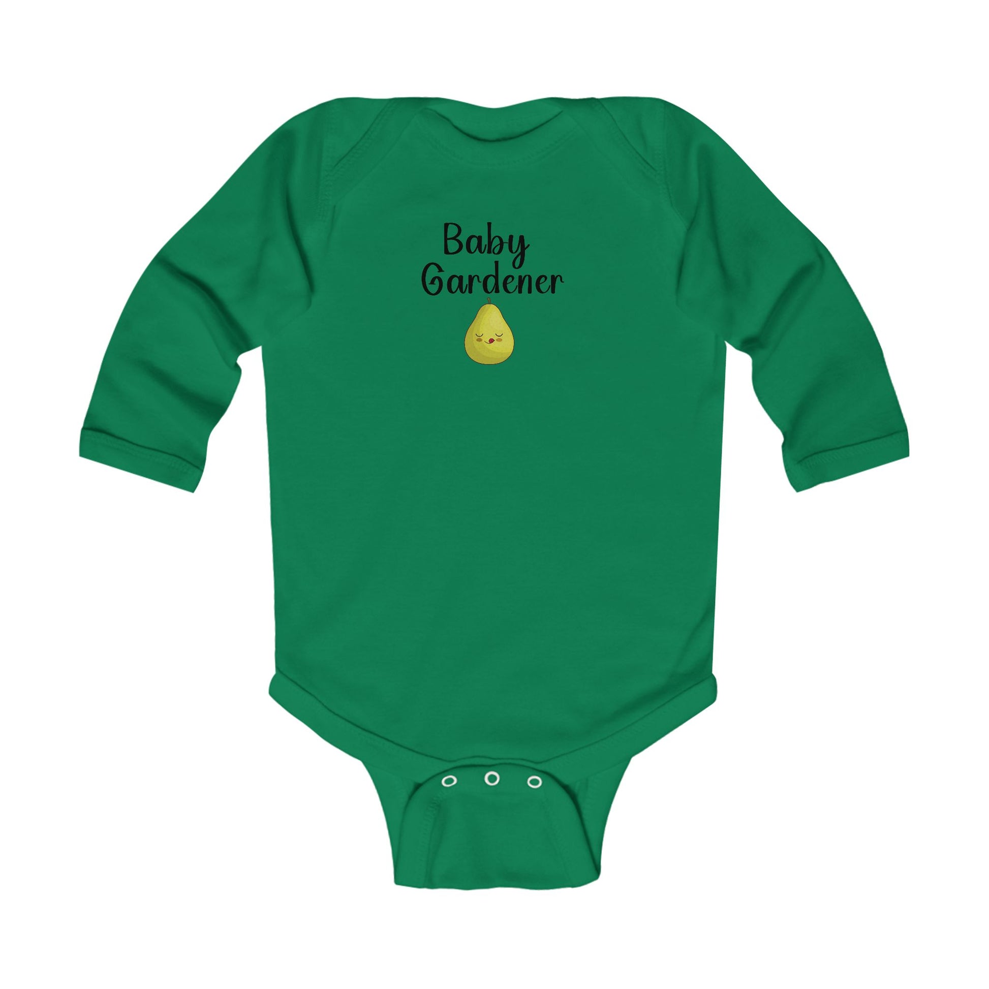 Green baby onesie with 'Baby Gardener' text and a small graphic on a white background
