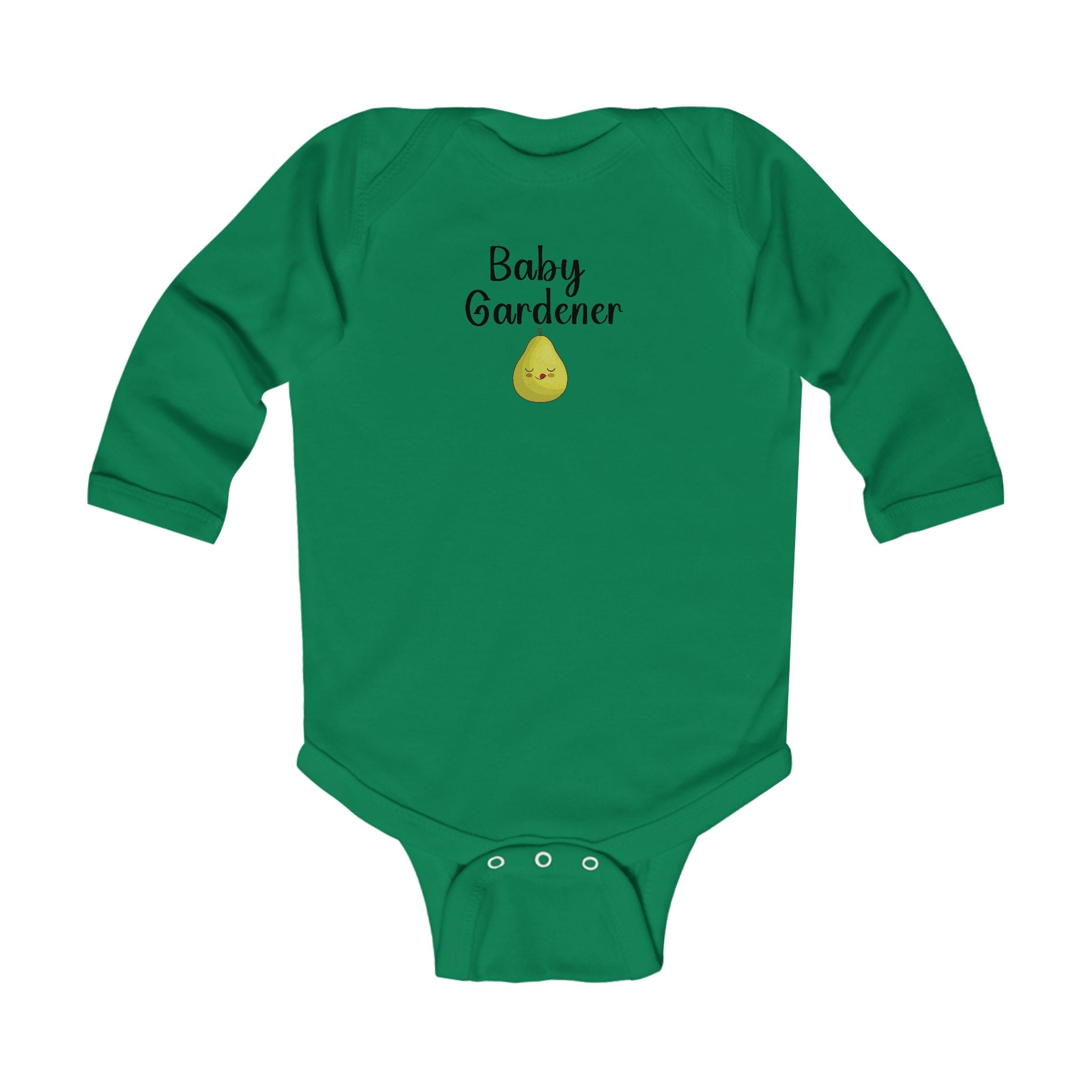 Green baby onesie with 'Baby Gardener' text and a small graphic on a white background