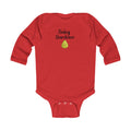 Red baby onesie with 'Baby Gardener' text and a small graphic on a white background