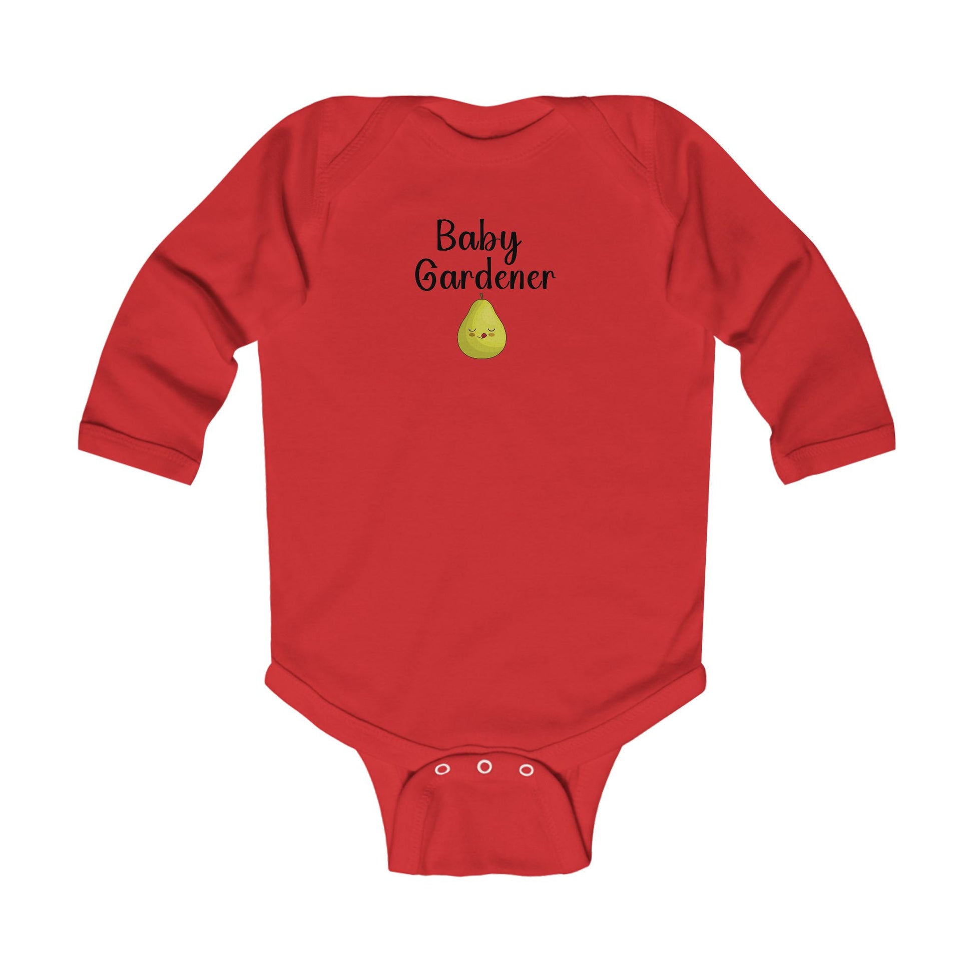 Red baby onesie with 'Baby Gardener' text and a small graphic on a white background