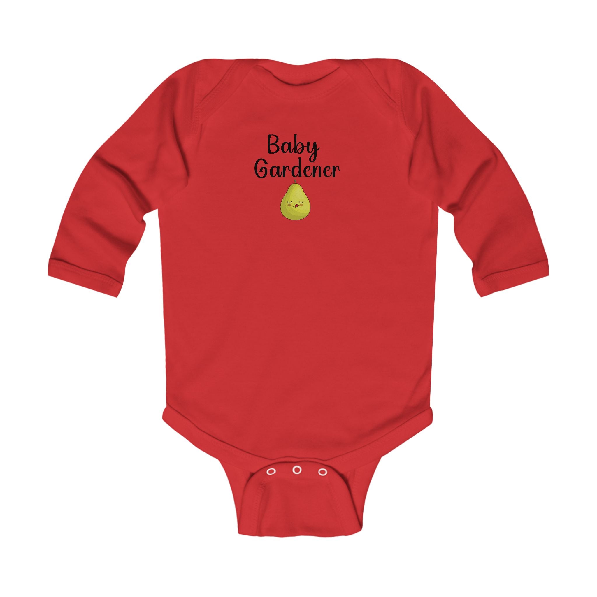 Red baby onesie with 'Baby Gardener' text and a small graphic on a white background