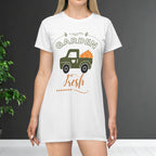 White t-shirt with 'Garden Fresh' graphic featuring a truck and pumpkins on a plain background