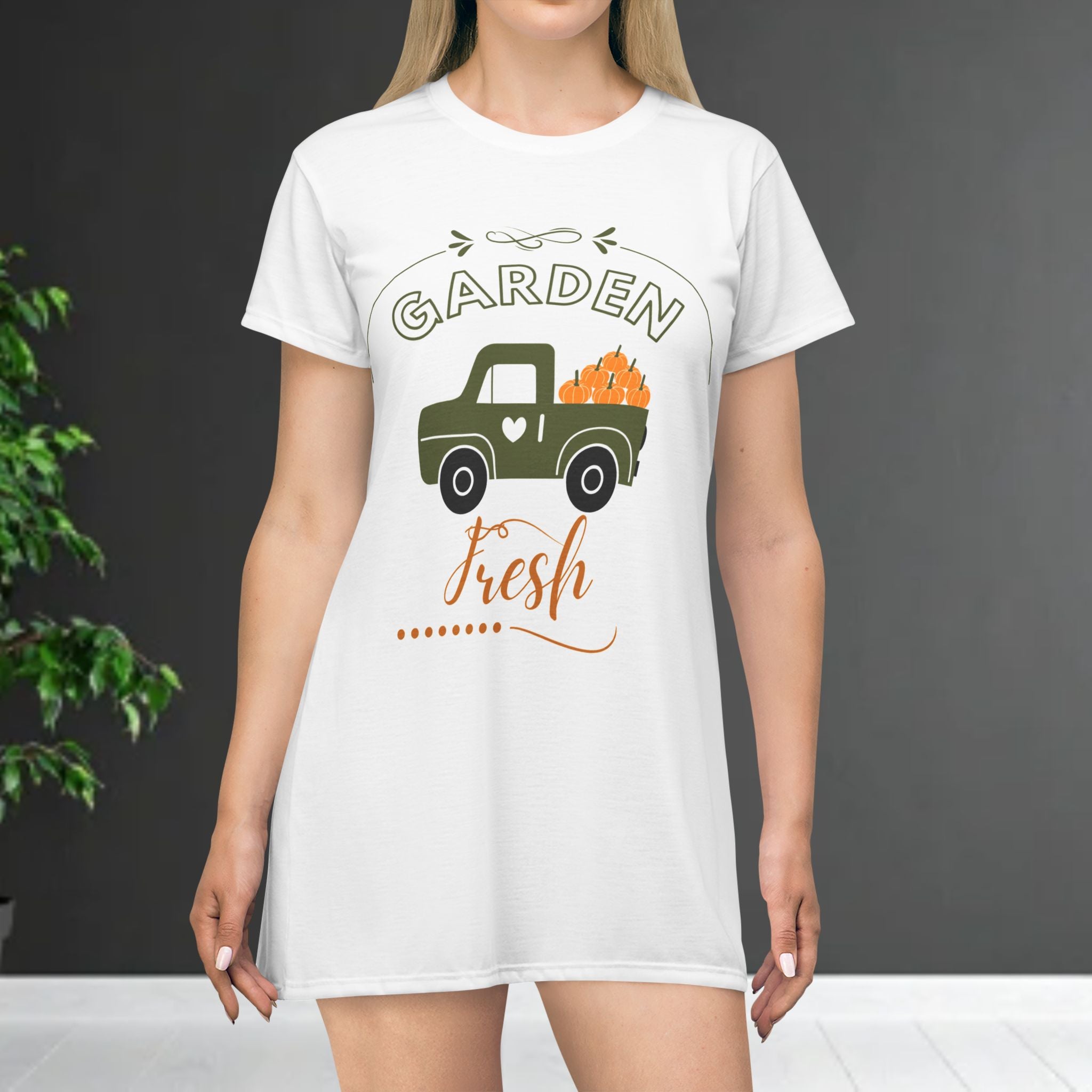 White t-shirt with 'Garden Fresh' graphic featuring a truck and pumpkins on a plain background