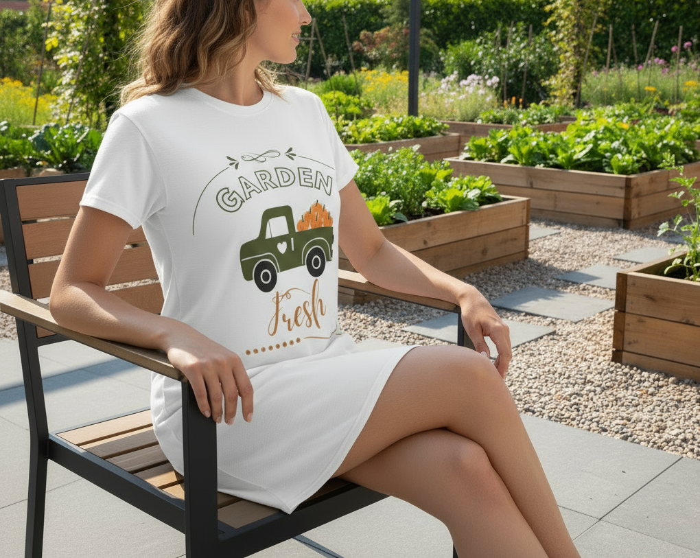 White t-shirt with 'Garden Fresh' graphic featuring a truck and pumpkins on a plain background