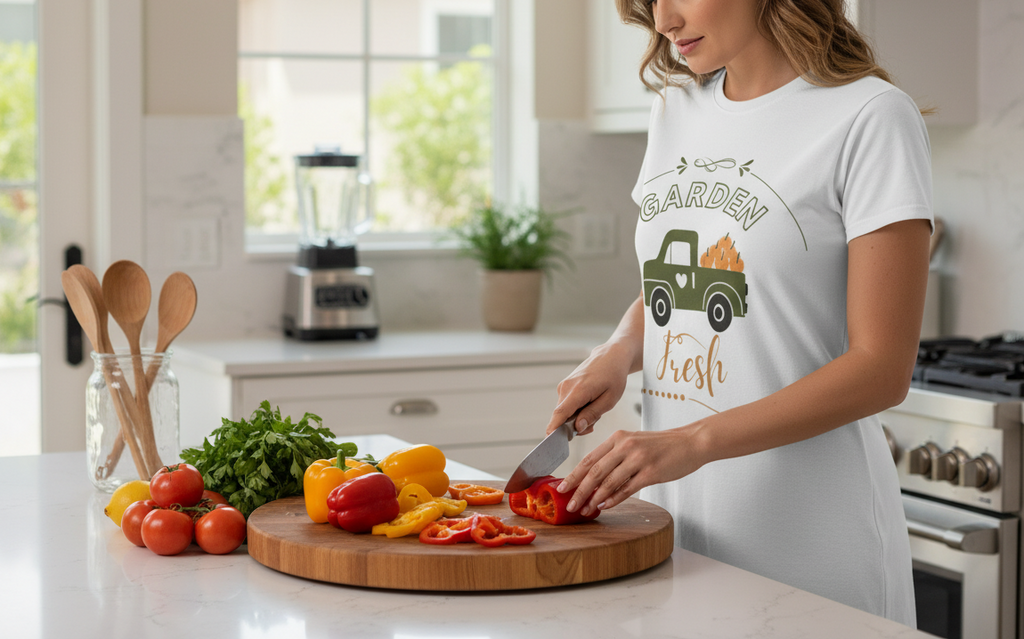 Woman in a kitchen wearing a 'Garden Fresh' t-shirt, preparing vegetables.
