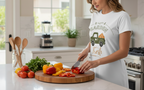 Woman in a kitchen wearing a 'Garden Fresh' t-shirt, preparing vegetables.