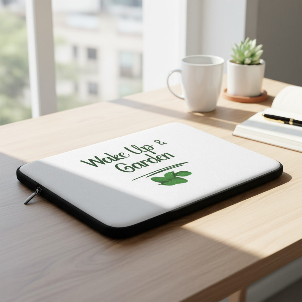 Laptop sleeve with 'Wake Up & Garden' text on a desk with a cup and plant