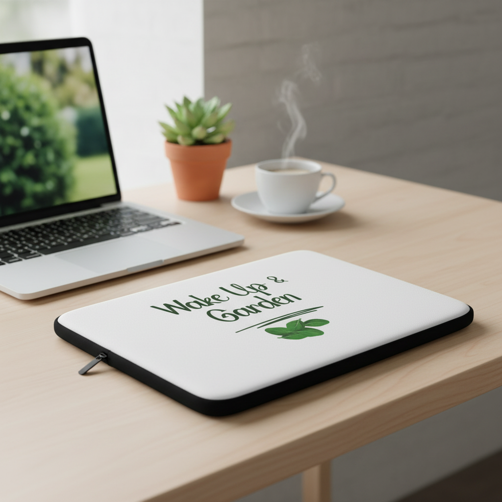 Laptop on a desk with a laptop sleeve, plant, and cup of coffee.