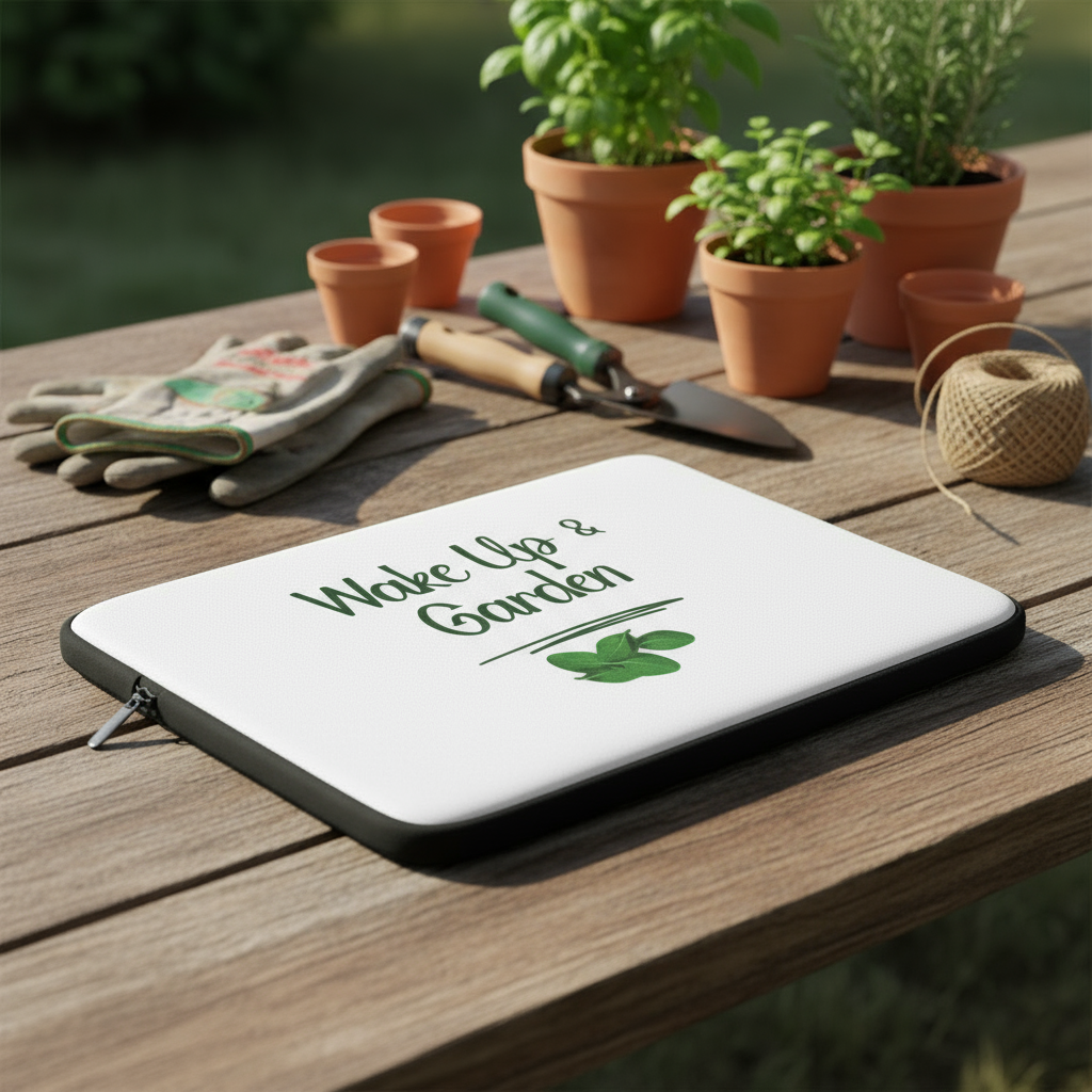 Laptop sleeve with 'Wake Up & Garden' text on a wooden table with gardening tools and plants.