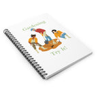 Notebook with gardening illustration and text on a white background